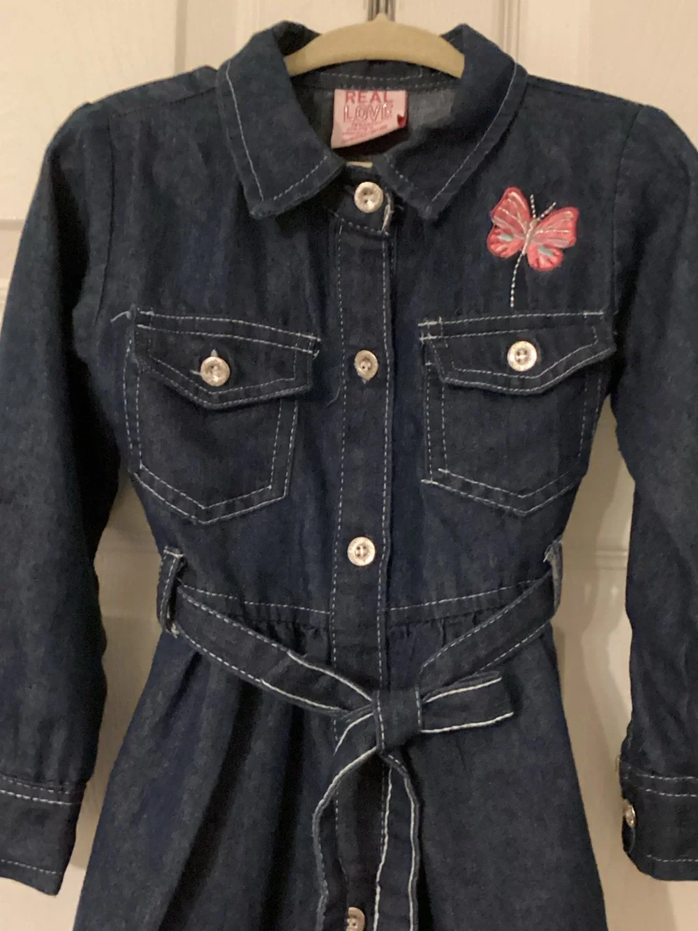 Kids Dark Blue Denim Dress with Pink Butterfly Accent And Belt Size 4